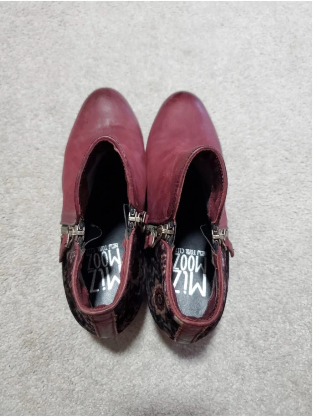 MIZ MOOZ Bangkok Leather & Floral Velvet Ankle Boots Red 39EU 8.5US Burnished